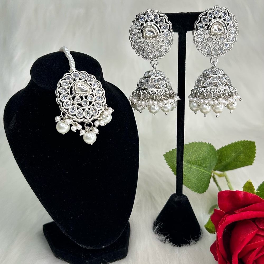 Beautiful Silver Pearl Jhumka And Tikka Set